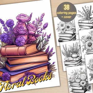 May include: A coloring book with 38 pages featuring floral arrangements and stacks of books. The cover features a stack of books with purple flowers, lavender, and the text "Floral Books".