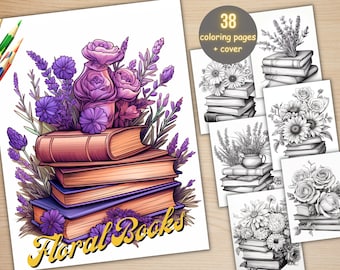 38 Floral Books Coloring Book, Printable PDF, Fairytale Magical Book Coloring Pages, Fantasy Grayscale Coloring Book for Adults and Kids