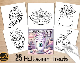 May include: A collection of Halloween-themed illustrations, including a jack-o'-lantern held by a skeleton hand, a pie with a star, and a bag of eyeballs. The central image features a milkshake with an eyeball and the text "Halloween Treats".