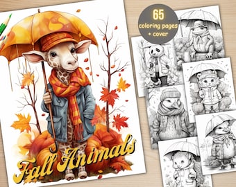 65 Fall Animals Coloring Book, Printable Fall Pumpkin Cutties Coloring Pages, Grayscale Autumn Leaves Coloring Book for Adults and Kids
