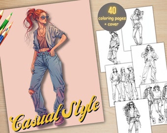 40 Casual Style Girls Coloring Book, Printable PDF, Casual Fashion Women Coloring Pages, Grayscale Clothes Coloring Book for Adults and Kids