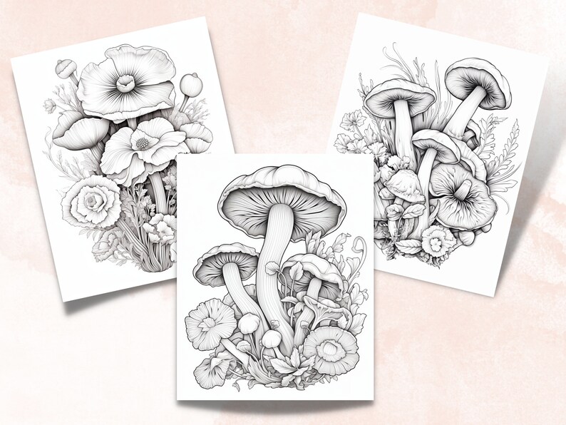 May include: Three black and white illustrations of mushrooms and flowers. The first image features a cluster of poppies with stems and leaves. The second image features a cluster of mushrooms with stems and leaves. The third image features a cluster of mushrooms with stems and leaves and a single poppy.