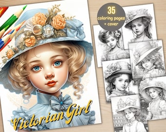 35 Victorian Girl Coloring Book, Printable PDF, Little Cute Victorian Era Girls Coloring Pages, Grayscale Coloring Book for Adults and Kids