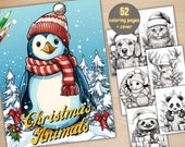 52 Christmas Animals Coloring Book, Printable Fantasy Noel Critters Coloring Pages, Grayscale Christmas Coloring Book for Adults and Kids