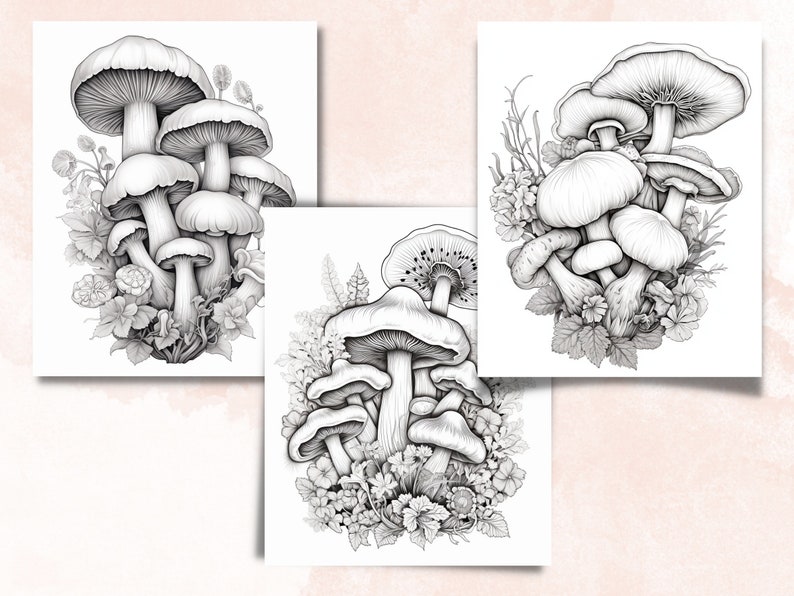 May include: Three black and white illustrations of mushrooms with intricate details. Each illustration features a cluster of mushrooms with different shapes and sizes, surrounded by leaves and flowers.