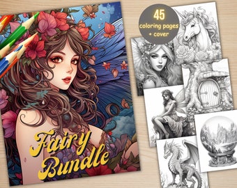 45 Fantasy Fairy Items Bundle Coloring Book, Printable PDF , Enhanted Fairies Coloring Pages, Grayscale Coloring Book for Adults and Kids