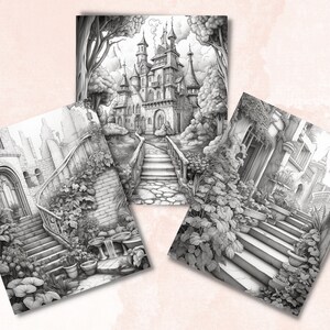 May include: Three black and white pencil drawings of a fairytale castle with a stone path leading up to the front door. The castle is surrounded by lush greenery and flowers. The drawings are in a vintage style.