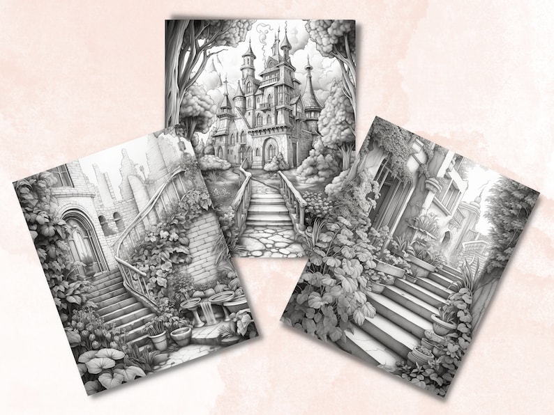May include: Three black and white pencil drawings of a fairytale castle with a stone path leading up to the front door. The castle is surrounded by lush greenery and flowers. The drawings are in a vintage style.