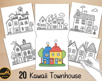 Bold and Easy House Coloring Book, Kawaii Townhouse Coloring Pages, Cute Townhouse Scenes Coloring, Relaxing Activity for Adults and Kids