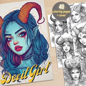 40 Devil Girls Coloring Book, Printable Gothic Beauties Coloring Pages, Fantasy Grayscale Goth Punk Woman Coloring Book for Adults and Kids