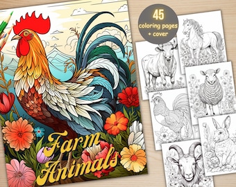45 Floral Farm Animals Coloring Book, Printable Farm Animal Coloring Pages, Grayscale Coloring Book for Adult Kids, Cute Farm Life Animals