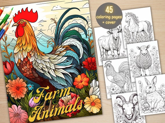 45 Floral Farm Animals Coloring Book, Printable Farm Animal Coloring Pages, Grayscale Coloring Book for Adult Kids, Cute Farm Life Animals