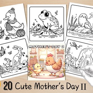 Bold and Easy Coloring Book, Cozy Mother&#39;s Day Coloring Pages, Kawaii Animals Coloring, Relaxing Activity for Adults and Kids, Stress Relief