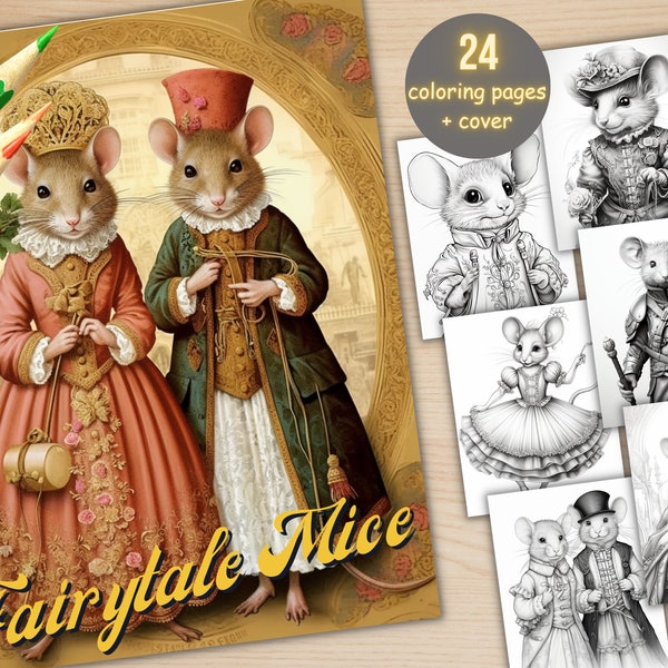 24 Fairytale Mice Coloring Book, Printable Cute Mouse Coloring Pages, Grayscale Coloring Book for Adult Kids, Fantasy Animals Coloring PDF