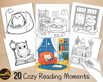 Bold and Easy Coloring Book, Cozy Reading Moments Coloring Pages, Cute Kawaii Reading Animal Coloring, Relaxing Activity for Adults and Kids