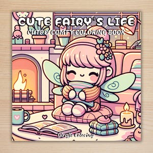 Puede incluir: Un libro para colorear titulado "Cute Fairy's Life" con una ilustración de hada de dibujos animados. El hada tiene el pelo rosa, alas verdes y está sentada en una almohada. El libro está abierto y hay una taza, una vela y una chimenea en el fondo.