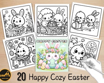 May include: A set of 20 coloring pages featuring cute cartoon animals celebrating Easter. The pages include a bunny holding an egg, a chick holding a paintbrush, a lamb with a basket of eggs, and a bunny with a flower crown. The pages are black and white and ready to be colored.