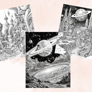 50 Enchanted Galaxy Coloring Book, Printable Fantasy Cosmic Coloring Pages, Celestial Space Grayscale Coloring Book for Adults and Kids