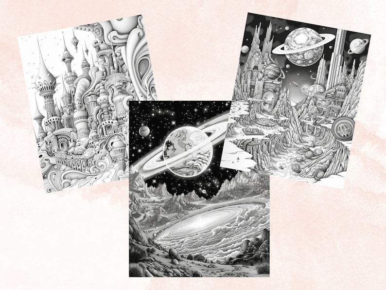 50 Enchanted Galaxy Coloring Book, Printable Fantasy Cosmic Coloring Pages, Celestial Space Grayscale Coloring Book for Adults and Kids