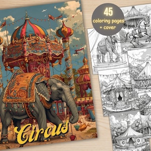 45 Enchanted Circus Scenes Coloring Book, Printable Circus Elephant Coloring Pages, Grayscale Victorian Circus Coloring Book for Adults Kids