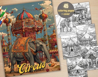 45 Enchanted Circus Scenes Coloring Book, Printable Circus Elephant Coloring Pages, Grayscale Victorian Circus Coloring Book for Adults Kids