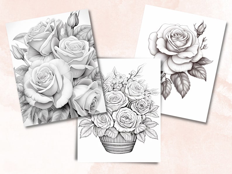 70 Rose Coloring Book, Printable PDF, Botanical Floral Plant Coloring Pages, Fantasy Grayscale Red Roses Coloring Book for Adults and Kids