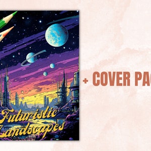 K&ouml;nnte beinhalten: Eine farbenfrohe Illustration einer futuristischen Stadtlandschaft mit einem lila, rosa und orangefarbenen Himmel. Das Bild enth&auml;lt einen gro&szlig;en Planeten, Sterne und den Text "Futuristische Landschaften".