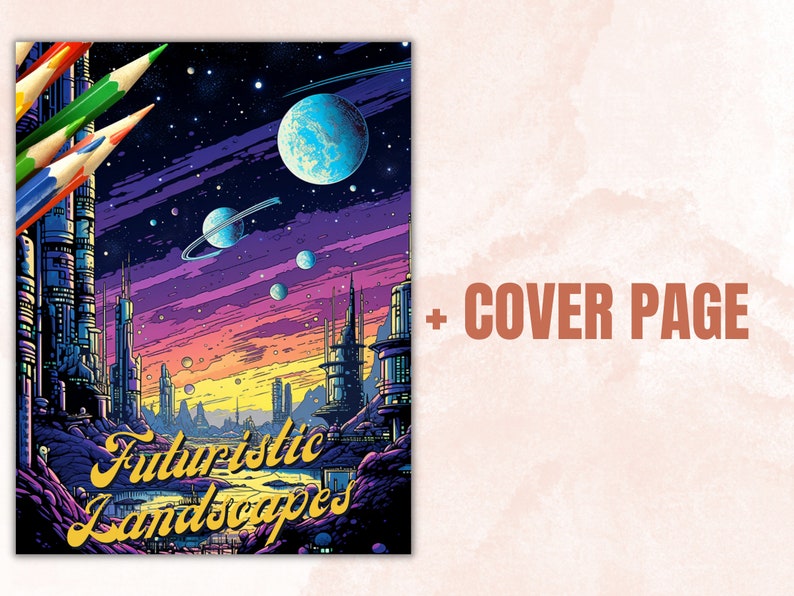 K&ouml;nnte beinhalten: Eine farbenfrohe Illustration einer futuristischen Stadtlandschaft mit einem lila, rosa und orangefarbenen Himmel. Das Bild enth&auml;lt einen gro&szlig;en Planeten, Sterne und den Text "Futuristische Landschaften".