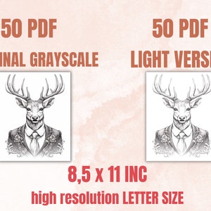 50 Fantasy Deer Coloring Book, Printable Secret Life of Deer Coloring Pages, Grayscale Reindeer Cute Animal Coloring Book for Adults and Kid