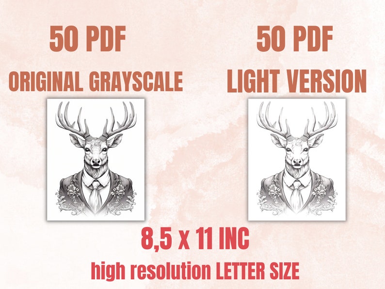 50 Fantasy Deer Coloring Book, Printable Secret Life of Deer Coloring Pages, Grayscale Reindeer Cute Animal Coloring Book for Adults and Kid