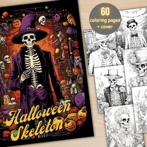 60 Halloween Skeleton Coloring Book, Printable Creepy Horror Skull Coloring Pages, Grayscale Scary Halloween Coloring Book for Adults Kids