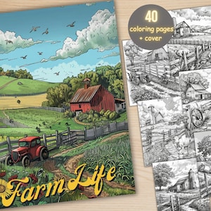 40 Farm Life Scenes Coloring Book, Printable Country Farm House Coloring Pages, Cottage Landscape Grayscale Coloring Book for Adults Kids