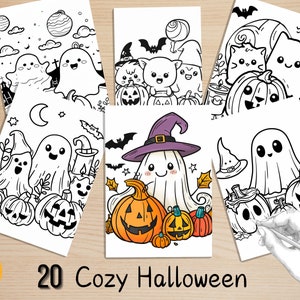 Bold and Easy Coloring Book, Cozy Kawaii Halloween Scenes Coloring Pages, Cute Creepy Halloween Coloring, Relaxing Activity for Adults