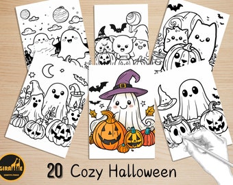 Bold and Easy Coloring Book, Cozy Kawaii Halloween Scenes Coloring Pages, Cute Creepy Halloween Coloring, Relaxing Activity for Adults