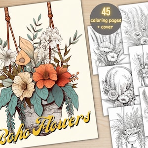Puede incluir: Un libro para colorear Boho Flowers con 45 páginas, con diseños florales en una cesta colgante. La portada muestra un vibrante arreglo de flores naranjas, crema y verde azulado. Lápices de colores visibles en la esquina superior izquierda.