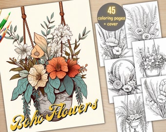 45 Boho Flowers Coloring Book, Printable PDF, Bohemian Floral Plant Coloring Pages, Fantasy Grayscale Coloring Book for Adults and Kids