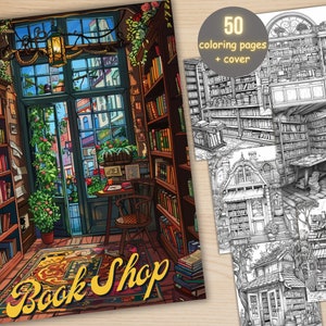 May include: A coloring book cover featuring a detailed illustration of a book shop with a large window, shelves full of books, and a sign that reads "Book Shop".