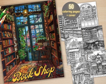 50 Book Shop Coloring Book, Printable Floral Book Storefront Coloring Pages, Grayscale Enchanted Library Coloring Book for Adults and Kids