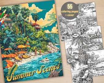 55 Summer Scenes Coloring Book, Printable Summer Beach Coloring Pages, Grayscale Tropical Holiday Landscape Coloring Book for Adults Kids