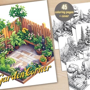 45 Gartenecke Malbuch, druckbare Malseiten von Botanischem Garten, Graustufen-Malbuch für Erwachsene, zum Entspannen und zum Stressabbau