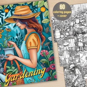 60 Gartenarbeit-Malbuch, druckbare verzauberte Gartentherapie-Malseiten, botanisches Graustufen-Gartenmalbuch für Erwachsene und Kinder
