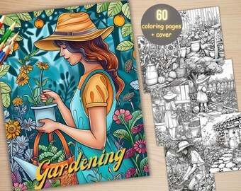 60 Gardening Coloring Book, Printable Enchanted Garden Therapy Coloring Pages, Botanical Grayscale Garden Coloring Book for Adults and Kids