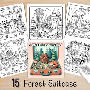 Bold and Easy Coloring Book, Forest Suitcase Coloring Pages, Cute Woodland Scenes Coloring, Relaxing Activity for Adults, Stress Relief