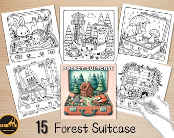 Libro para colorear fácil y atrevido, páginas para colorear de maletas en el bosque, lindas escenas del bosque para colorear, actividad relajante para adultos, alivio del estrés
