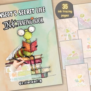 Può includere: Un "Insect's Secret Life Ink Tracing Book" con un'illustrazione a cartoni animati di un insetto che legge un libro. La copertina riporta il testo "Insect's Secret Life Ink Tracing Book" e "Giraffecoloring". Include 35 pagine da colorare.