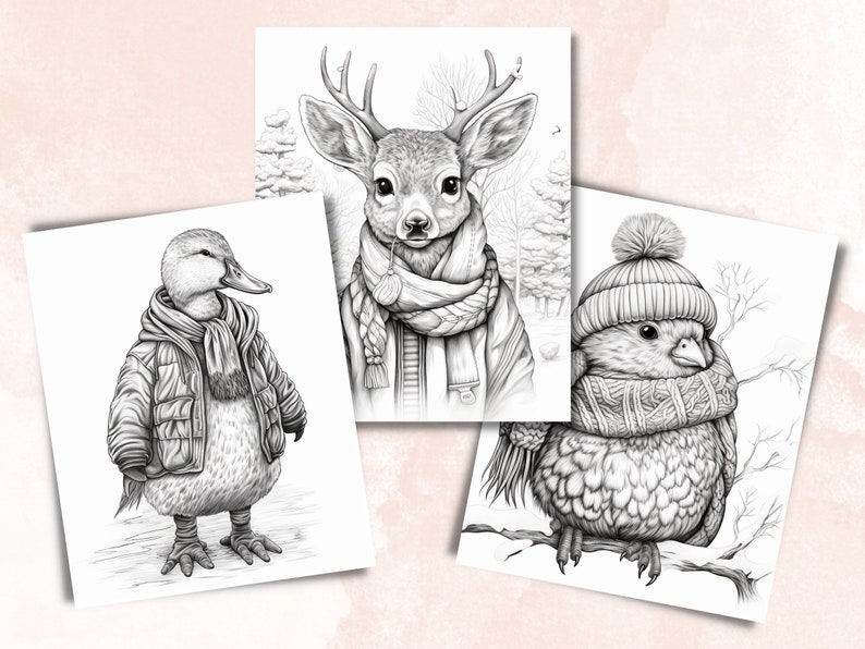 70 Winter Animals Coloring Book, Printable Winter Cutties Coloring Pages, Grayscale Cute Winter Woodland Coloring Book for Adults and Kids