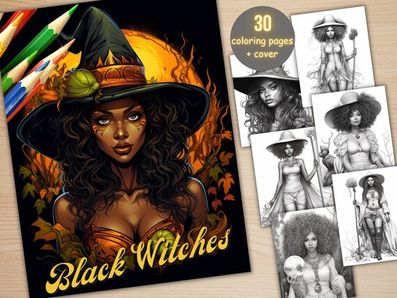 30 Fantasy Black Women Witch Coloring Book, Printable PDF, Afro African Girls Coloring Pages, Grayscale Coloring Book for Adults and Kids