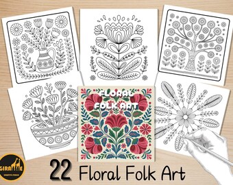 Puede incluir: Una colección de páginas para colorear de arte popular floral y un diseño floral colorido. El conjunto incluye varios arreglos florales, un árbol y un diseño estilo mandala. El texto "22 Floral Folk Art" se muestra en la parte inferior.