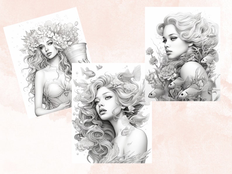 Pu&ograve; includere: Tre illustrazioni in bianco e nero di donne con capelli fluenti e accenti floreali. La prima donna indossa una corona di fiori e tiene un vaso. La seconda donna &egrave; circondata da pesci e alghe. La terza donna &egrave; circondata da fiori e pesci.