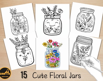 Bold and Easy Coloring Book, Cute Floral Jar Coloring Pages, Kawaii Flowers in a Jar Coloring, Relaxing Activity for Adults and Kids